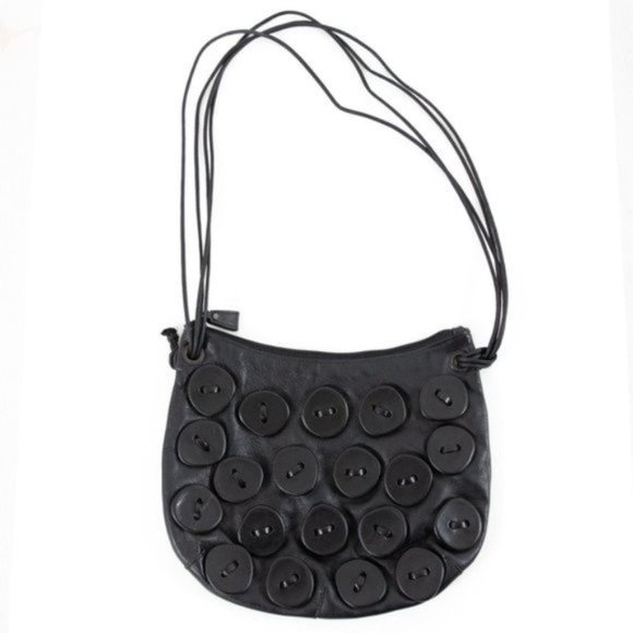 Vintage 90s Italian Leather Button Bag Black Shoulder Hobo Purse